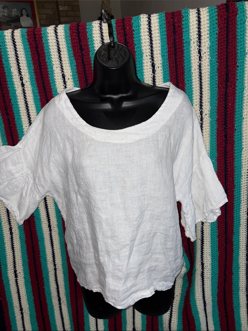 Viola Borgia 100% Linen Scoop Neck top with ruffle drop sleeves, S, 21”, 23”L